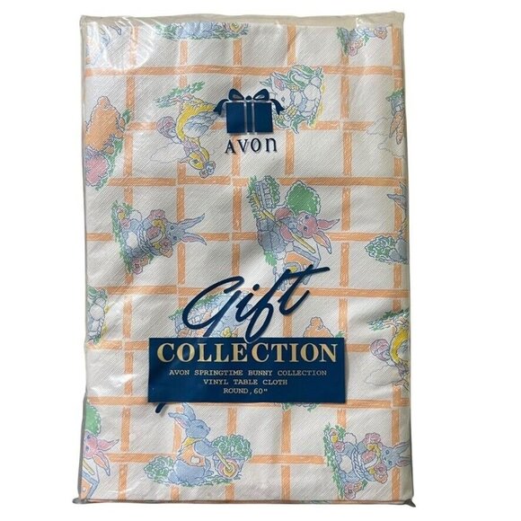 Avon Springtime Bunny Gift Collection Vinyl Tablecloth Easter Duck 60" Round Vtg - Picture 1 of 4